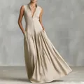 Elegant beige sleeveless maxi dress with pleated skirt in linen-like natural fabric - S / Dresses / Khaki