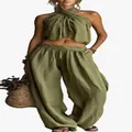 Ensemble d'été vert olive avec haut dos nu et pantalon large en lin léger - Vert olive
