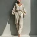 Elegant beige linen two-piece set with V-neck lantern sleeve shirt and trousers - S / Top And Bottom / Ivory