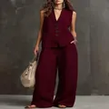 Elegante completo estivo in lino rosso scuro con gilet smanicato e pantaloni larghi - XS / Top E Pantaloni / Rosso scuro