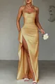 Elegant champagne gold satin maxi dress with thin spaghetti straps and high leg slit - XS / Bottoms / Turmeric