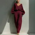 Elegant maroon cotton linen two-piece set with lantern sleeves and wide-leg trousers - S / Top And Bottom / Burgundy