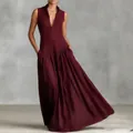 Elegant burgundy sleeveless V-neck maxi dress with pleated skirt for women's fashion - S / Dresses / Burgundy