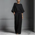 Elegante set in lino nero con maniche a campana e pantaloni a gamba larga - Taglia S / Parte Superiore e Parte Inferiore / Nero