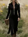 Close-up detail of a vintage black slim-fit western dress with zipper and fringe hem - 3XL / Dresses / Black