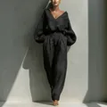 Elegant black cotton linen two-piece set featuring a V-neck blouse and wide trousers. - S / Top And Bottom / Dark Gray
