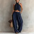 Conjunto de vacaciones de dos piezas, top azul marino sin mangas y pantalones anchos - XS / Top y Pantalones / Azul marino