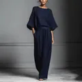 Elegant navy blue linen two-piece set with flare sleeve top and wide-leg pants - Navy Blue