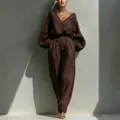 Elegant chocolate brown cotton linen two-piece set with lantern sleeve shirt and trousers - S / Top And Bottom / Dark Brown