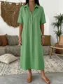 Elegant green linen polo collar short sleeve straight casual midi dress for women - S / Dresses / Green