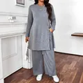 Close-up detail of casual gray long-sleeve tunic top with matching wide-leg trousers - S / Top And Bottom / Gray