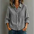 Women's long-sleeve plaid casual loose lapel shirt in black and white check pattern - XS / Tops / Dark Gray