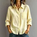 Casual women's yellow and white gingham long sleeve button-down shirt with a single chest pocket - XS / Tops / Lemon Yellow