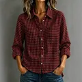 Stylish red and black plaid long-sleeve casual shirt for women with turn-down collar - XS / Tops / Burgundy