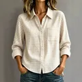 Dames casual geruit overhemd met lange mouwen in beige kleur met reverskraag en een borstzak - Abrikoos