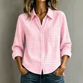 Casual damesblouse met roze en wit ruitjespatroon, shirt met lange mouwen en knoopsluiting - Roze