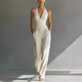 Elegantes Set aus weißem Neckholder-Top und weit geschnittener Hose für professionelle Looks - S / Oberteil Und Unterteil / Milchweiß