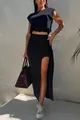 Styling of black sleeveless crop top and high waist split midi skirt two piece set - S / Top And Bottom / Black