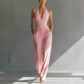 Elegantes Set aus rosa Neckholder-Top und weit geschnittener Hose mit hoher Taille - S / Oberteil Und Unterteil / Rosa