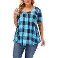 Tunique d'été ample à manches courtes pour femme avec motif à carreaux bleus - XL / Hauts / Bleu