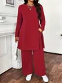 Elegant casual red two-piece set featuring a long-sleeved tunic and wide-leg trousers - Burgundy