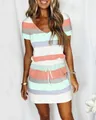 Women's summer striped short-sleeve dress with adjustable drawstring waist and pockets. - S / Dresses / Pink