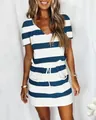 Detailed view of women's blue and white striped short sleeve dress with drawstring - Dark Blue