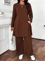 Two-piece casual long-sleeved top and wide-leg trousers set in dark brown color - S / Top And Bottom / Coffee