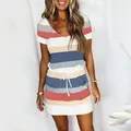 Casual short-sleeved striped mini dress with a comfortable drawstring waist detail - Royal Blue