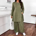 Casual olive green two-piece set with long-sleeved tunic top and wide-leg trousers - S / Top And Bottom / Matcha Green