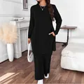 Elegant black two-piece fashion set featuring long-sleeve tunic and wide-leg trousers - S / Top And Bottom / Black