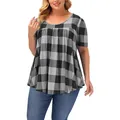 Detail of women's short sleeve round neck loose plaid top in grey and black check pattern - Light Gray