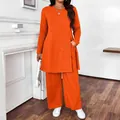 Casual two-piece set for women featuring an orange long-sleeve tunic and matching wide-leg pants - Orange