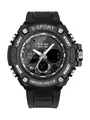 Gros plan d'une montre de sport pour homme à double affichage avec bracelet en silicone - Black (T227-1)