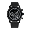 Close-up of TOMI men's business quartz watch with black dial and leather strap - All Black Matte Triple Dial Style (T603-1)