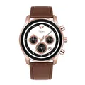 Gros plan de la montre à quartz pour hommes TOMI avec boîtier or rose et bracelet en cuir brun. - Boîtier Or Rose Bracelet Brun Cadran Blanc (T603-6)