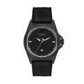 Primer plano del reloj de cuarzo para hombre TOMI con correa de cuero negro. - Esfera Negra Caja Negra (T041-1)