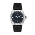 Detalle del reloj de cuarzo TOMI para hombre con esfera azul y correa de cuero negro. - Esfera Plateada Caja Azul (T041-3)