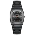 Montre à quartz minimaliste en acier noir avec boîtier tonneau et index de diamants - Style Homme / Noir