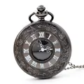 Vintage zwart kwarts zakhorloge met Romeinse cijfers en ingewikkelde bloemgravures - Witte Letter Wijzerplaat / Gunmetal