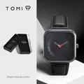 Montre à quartz carrée minimaliste TOMI avec bracelet en cuir noir et trotteuse rouge élégante - Boîtier Noir Bracelet Noir (T093-1) / Noir