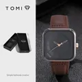 Montre à quartz carrée TOMI avec bracelet en cuir marron et cadran noir minimaliste - Boîtier Noir Bracelet Café Foncé (T093-2) / Brun Foncé
