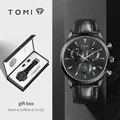 Coffret cadeau montre à quartz TOMI pour homme avec bracelet en cuir noir et boutons de manchette - Boîtier Argenté Cadran Noir Bracelet Noir (T602-1)