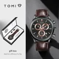 Coffret cadeau montre à quartz TOMI pour homme avec bracelet en cuir marron. - Boîtier Or Rose Cadran Noir Bracelet Brun (T602-2)
