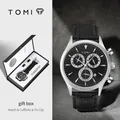 Coffret cadeau montre à quartz TOMI professionnel pour homme avec accessoires - Boîtier Argenté Cadran Noir Bracelet Noir (T602-3)