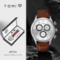 Coffret cadeau montre à quartz TOMI business pour homme avec bracelet en cuir marron - Boîtier Argenté Cadran Argenté Bracelet Brun (T602-4)