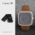 Montre à quartz carrée TOMI minimaliste avec bracelet en cuir marron et cadran gris - Boîtier Or Bracelet Café (T093-6)