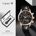 Montre à quartz TOMI homme avec bracelet cuir noir, boutons de manchette et pince à cravate. - Boîtier Or Rose Cadran Noir Bracelet Noir (T602-5)