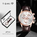Coffret cadeau montre à quartz TOMI pour homme avec bracelet cuir marron et boutons - Boîtier Or Rose Cadran Argenté Bracelet Brun (T602-6)