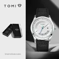 Montre TOMI avec bracelet en cuir noir et cadran argenté dans sa boîte - Boîtier Blanc Bracelet Noir(T099-3)